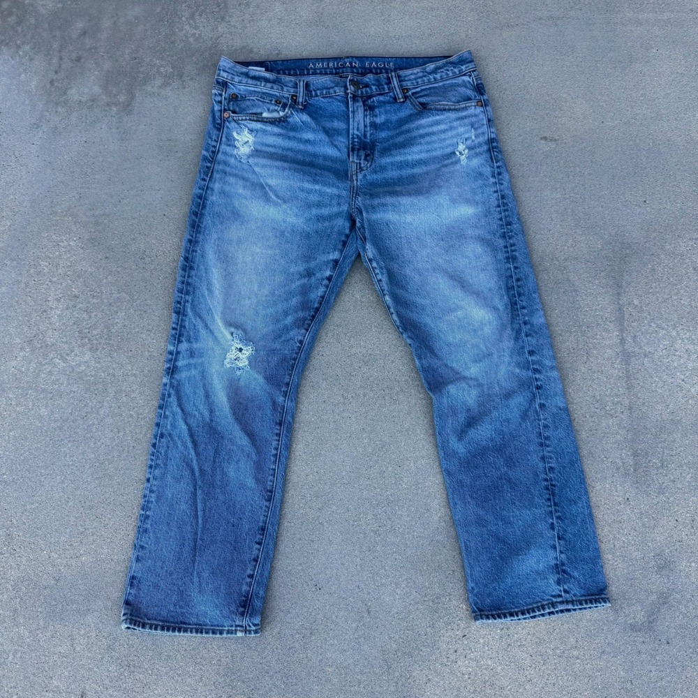 American Eagle Original Straight Easyflex Distressed Jeans 36x30 Medium Wash
